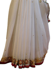 White Designer Wedding Partywear Georgette Hand Embroidery Cutdana Bullion Thread Stone Beads Work Kolkata Saree Sari E450