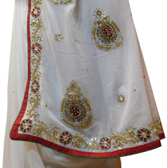 White Designer Wedding Partywear Georgette Hand Embroidery Cutdana Bullion Thread Stone Beads Work Kolkata Saree Sari E450