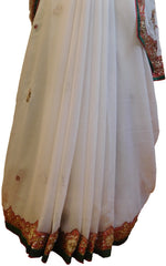 White Designer Wedding Partywear Georgette Hand Embroidery Cutdana Bullion Thread Stone Beads Work Kolkata Saree Sari E451