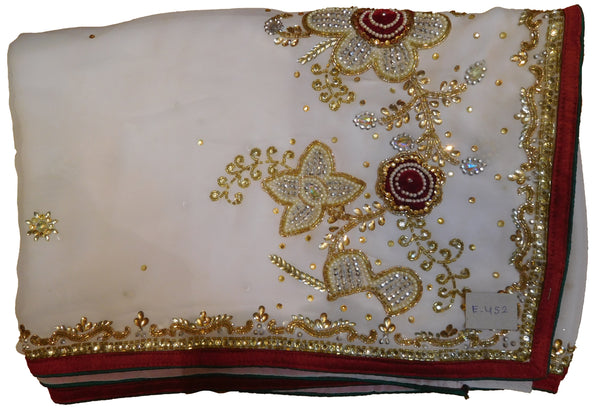 White Designer Wedding Partywear Georgette Hand Embroidery Cutdana Bullion Thread Stone Beads Work Kolkata Saree Sari E452