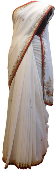 White Designer Wedding Partywear Georgette Hand Embroidery Cutdana Bullion Thread Stone Beads Work Kolkata Saree Sari E452