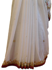 White Designer Wedding Partywear Georgette Hand Embroidery Cutdana Bullion Thread Stone Beads Work Kolkata Saree Sari E452