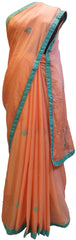 Peach Designer Wedding Partywear Crepe (Chinon) Hand Embroidery Thread Cutdana Beads Bullion Work Kolkata Saree Sari E453