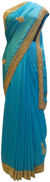 Blue Designer Wedding Partywear Silk Hand Embroidery Beads Stone Work Kolkata Saree Sari E454