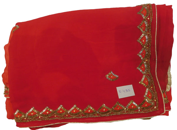 Red Designer Wedding Partywear Crepe (Chinon) Hand Embroidery Thread Cutdana Beads Stone Work Kolkata Saree Sari E455