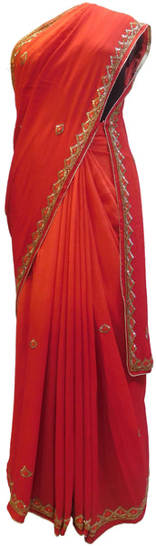 Red Designer Wedding Partywear Crepe (Chinon) Hand Embroidery Thread Cutdana Beads Stone Work Kolkata Saree Sari E455