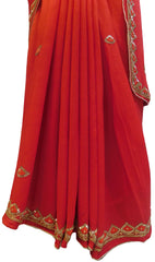 Red Designer Wedding Partywear Crepe (Chinon) Hand Embroidery Thread Cutdana Beads Stone Work Kolkata Saree Sari E455
