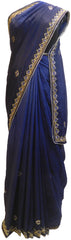 Blue Designer Wedding Partywear Crepe (Chinon) Hand Embroidery Thread Cutdana Beads Stone Work Kolkata Saree Sari E456