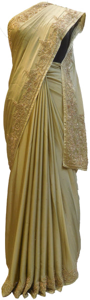 Brown Designer Wedding Partywear Crepe (Chinon) Hand Embroidery Beads Cutdana Stone Work Kolkata Saree Sari E458