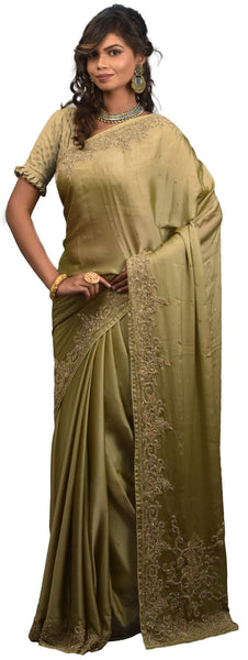 Brown Designer Wedding Partywear Crepe (Chinon) Hand Embroidery Beads Cutdana Stone Work Kolkata Saree Sari E458