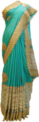 Turquoise Designer Wedding Partywear Crepe (Chinon) Hand Embroidery Beads Thread Pearl Stone Work Kolkata Saree Sari E460