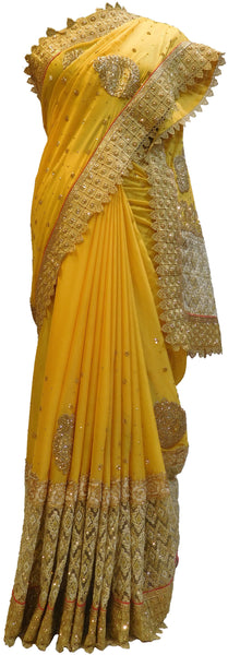 Yellow Designer Wedding Partywear Crepe (Chinon) Hand Embroidery Beads Thread Pearl Stone Work Kolkata Saree Sari E461