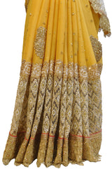 Yellow Designer Wedding Partywear Crepe (Chinon) Hand Embroidery Beads Thread Pearl Stone Work Kolkata Saree Sari E461