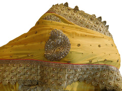 Yellow Designer Wedding Partywear Crepe (Chinon) Hand Embroidery Beads Thread Pearl Stone Work Kolkata Saree Sari E461