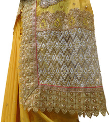 Yellow Designer Wedding Partywear Crepe (Chinon) Hand Embroidery Beads Thread Pearl Stone Work Kolkata Saree Sari E461