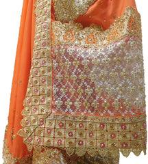 Orange Designer Wedding Partywear Crepe (Chinon) Hand Embroidery Beads Thread Pearl Stone Work Kolkata Saree Sari E462