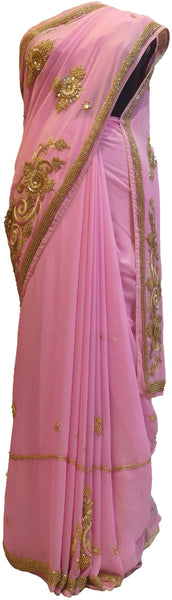 Pink Designer Wedding Partywear Georgette Hand Embroidery Cutdana Thread Stone Beads Work Kolkata Saree Sari E463