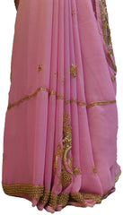 Pink Designer Wedding Partywear Georgette Hand Embroidery Cutdana Thread Stone Beads Work Kolkata Saree Sari E463