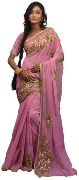 Pink Designer Wedding Partywear Georgette Hand Embroidery Cutdana Thread Stone Beads Work Kolkata Saree Sari E463
