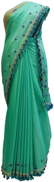 Turquoise Designer Wedding Partywear Georgette Hand Embroidery Cutdana Thread Stone Beads Work Kolkata Saree Sari E464