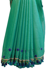 Turquoise Designer Wedding Partywear Georgette Hand Embroidery Cutdana Thread Stone Beads Work Kolkata Saree Sari E464