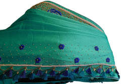 Turquoise Designer Wedding Partywear Georgette Hand Embroidery Cutdana Thread Stone Beads Work Kolkata Saree Sari E464
