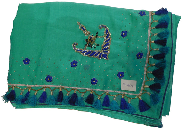 Turquoise Designer Wedding Partywear Georgette Hand Embroidery Cutdana Thread Stone Beads Work Kolkata Saree Sari E464
