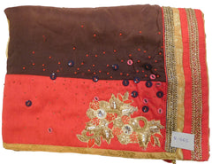 Coffee & Cream Designer Wedding Partywear Crepe (Chinon) Hand Embroidery Thread Beads Bullion Pearl Stone Work Kolkata Saree Sari E465