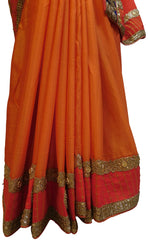 Orange Designer Wedding Partywear Crepe (Chinon) Hand Embroidery Thread Zari Sequence Beads Bullion Pearl Stone Work Kolkata Saree Sari E466