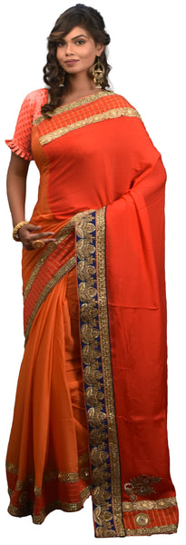 Orange Designer Wedding Partywear Crepe (Chinon) Hand Embroidery Thread Zari Sequence Beads Bullion Pearl Stone Work Kolkata Saree Sari E466