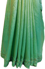 Green Designer Wedding Partywear Silk Hand Embroidery Thread Beads Stone Work Kolkata Saree Sari E469
