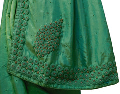 Green Designer Wedding Partywear Silk Hand Embroidery Thread Beads Stone Work Kolkata Saree Sari E469