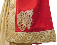 Red & Cream Designer Wedding Partywear Velvet & Crepe (Jackard) Hand Embroidery Zari Stone Work Kolkata Saree Sari E470