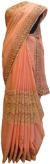 Peach Designer Wedding Partywear Georgette Hand Embroidery Cutdana Thread Stone Beads Work Kolkata Saree Sari E471