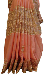 Peach Designer Wedding Partywear Georgette Hand Embroidery Cutdana Thread Stone Beads Work Kolkata Saree Sari E471