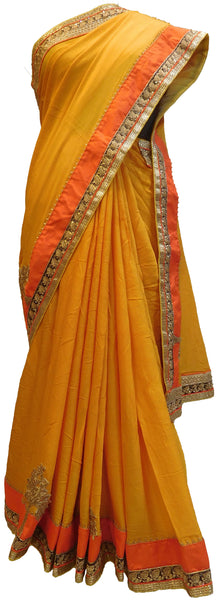 Yellow Designer Wedding Partywear Crepe (Chinon) Hand Embroidery Thread Zari Bullion Beads Work Kolkata Saree Sari E473