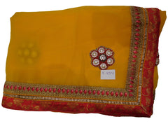 SMSAREE Yellow Designer Wedding Partywear Georgette Stone Zari Sequence Thread & Pearl Hand Embroidery Work Bridal Saree Sari With Blouse Piece E474