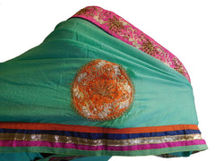 SMSAREE Turquoise Designer Wedding Partywear Georgette (Viscos) Stone Zari Gota & Pearl Hand Embroidery Work Bridal Saree Sari With Blouse Piece E475