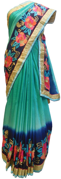 SMSAREE Turquoise & Blue Designer Wedding Partywear Crepe (Chinon) Thread & Zari Hand Embroidery Work Bridal Saree Sari With Blouse Piece E479