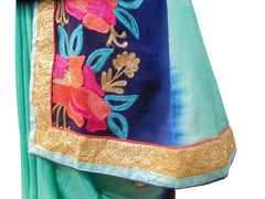 SMSAREE Turquoise & Blue Designer Wedding Partywear Crepe (Chinon) Thread & Zari Hand Embroidery Work Bridal Saree Sari With Blouse Piece E479