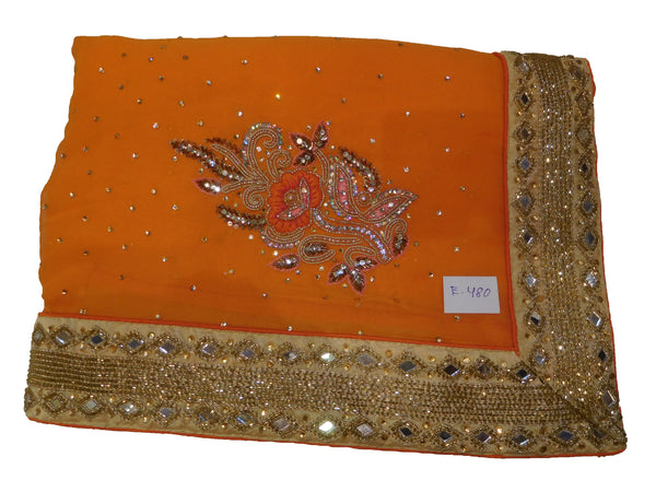 SMSAREE Orange Designer Wedding Partywear Georgette (Viscos) Stone Zari Cutdana Mirror & Thread Hand Embroidery Work Bridal Saree Sari With Blouse Piece E480