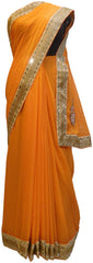 SMSAREE Orange Designer Wedding Partywear Georgette (Viscos) Stone Zari Cutdana Mirror & Thread Hand Embroidery Work Bridal Saree Sari With Blouse Piece E480