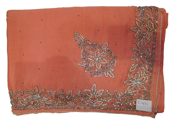 SMSAREE Peach Designer Wedding Partywear Crepe (Chinon) Stone Cutdana & Thread Hand Embroidery Work Bridal Saree Sari With Blouse Piece E481