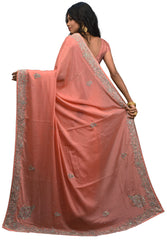 SMSAREE Peach Designer Wedding Partywear Crepe (Chinon) Stone Cutdana & Thread Hand Embroidery Work Bridal Saree Sari With Blouse Piece E481