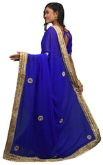 SMSAREE Blue Designer Wedding Partywear Georgette Stone & Zari Hand Embroidery Work Bridal Saree Sari With Blouse Piece E482