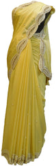SMSAREE Yellow Designer Wedding Partywear Crepe (Chinon) Stone Thread Beads & Pearl Hand Embroidery Work Bridal Saree Sari With Blouse Piece E483