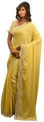 SMSAREE Yellow Designer Wedding Partywear Crepe (Chinon) Stone Thread Beads & Pearl Hand Embroidery Work Bridal Saree Sari With Blouse Piece E483