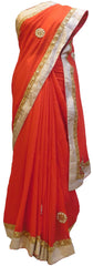 SMSAREE Red Designer Wedding Partywear Georgette (Viscos) Stone Zari Sequence & Bullion Hand Embroidery Work Bridal Saree Sari With Blouse Piece E485