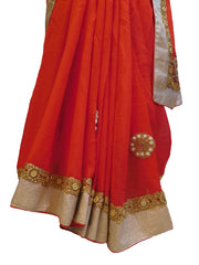 SMSAREE Red Designer Wedding Partywear Georgette (Viscos) Stone Zari Sequence & Bullion Hand Embroidery Work Bridal Saree Sari With Blouse Piece E485