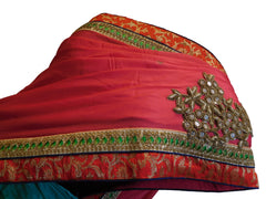 SMSAREE Pink & Turquoise Designer Wedding Partywear Crepe (Chinon) Stone Zari Sequence Thread & Bullion Hand Embroidery Work Bridal Saree Sari With Blouse Piece E486